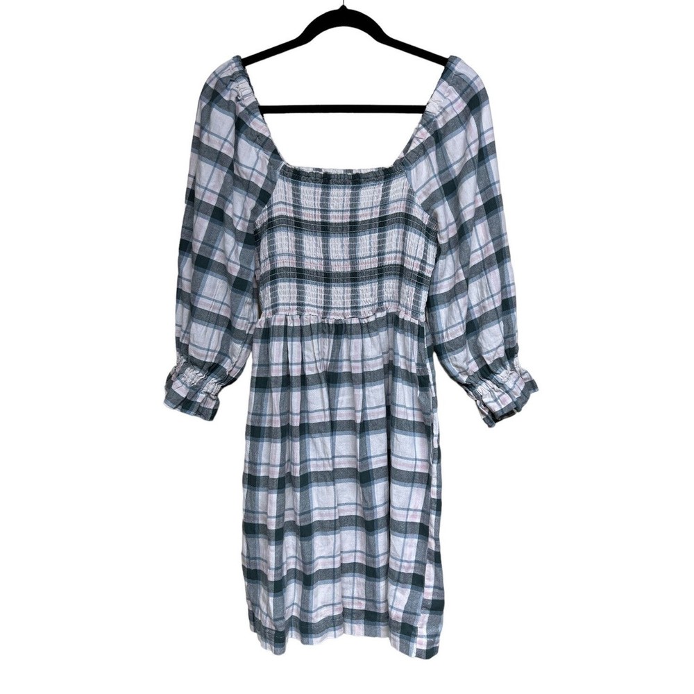 Madewell Lucie Elbow Sleeve Smocked‎ Mini Dress Lebaum Plaid Women’s Size Medium